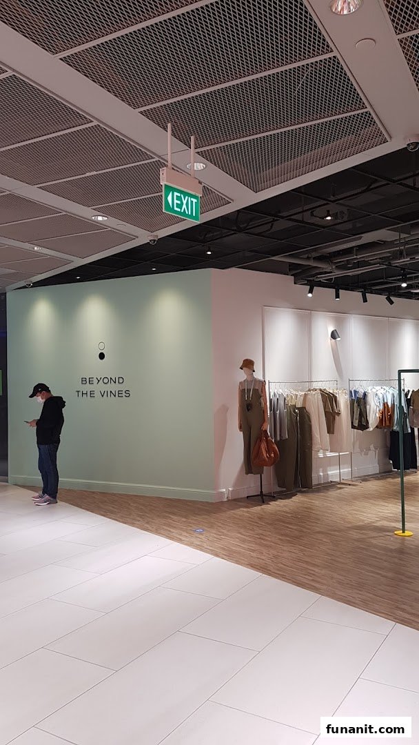 The entrance of Beyond The Vines Design Store with its minimalist logo and a customer browsing.