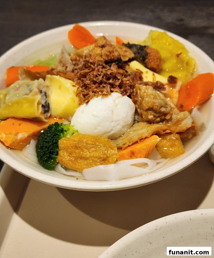 A vibrant bowl of noodle soup with fish balls, dumplings, vegetables, and fried toppings.