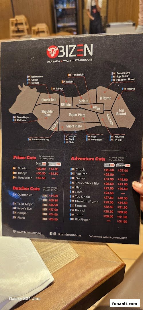 A detailed menu from Bizen Okayama Wagyu Steakhouse, showcasing various beef cuts and their prices.