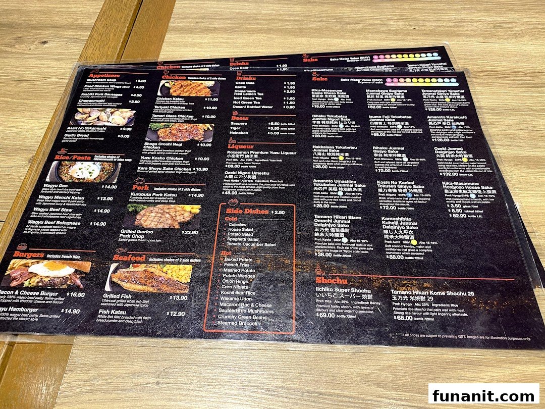 A comprehensive menu displaying a variety of Japanese dishes, drinks, and sake options.