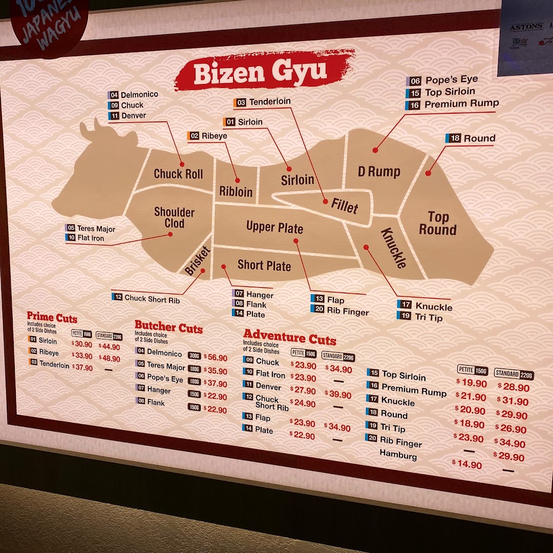 A detailed menu board showcasing various wagyu beef cuts and their prices at Bizen Gyu.