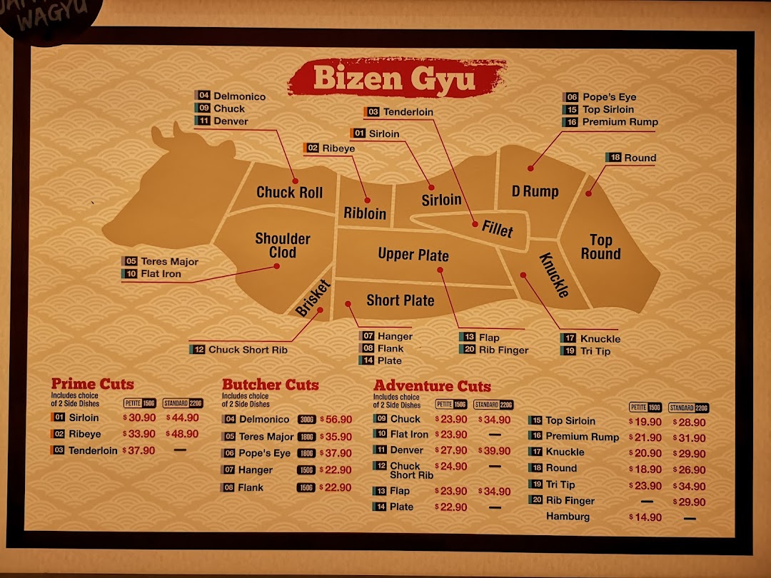 A detailed menu displaying various beef cuts from Bizen Gyu, with corresponding prices and sizes.