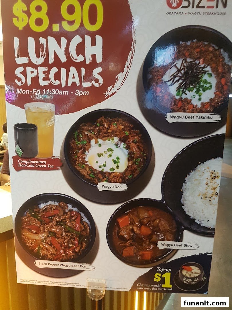 A menu board showcasing Bizen Okayama Wagyu Steakhouse's $8.90 lunch specials.