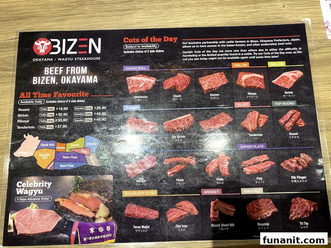 A detailed menu displaying various wagyu beef cuts, prices, and descriptions from Bizen Okayama Wagyu Steakhouse.