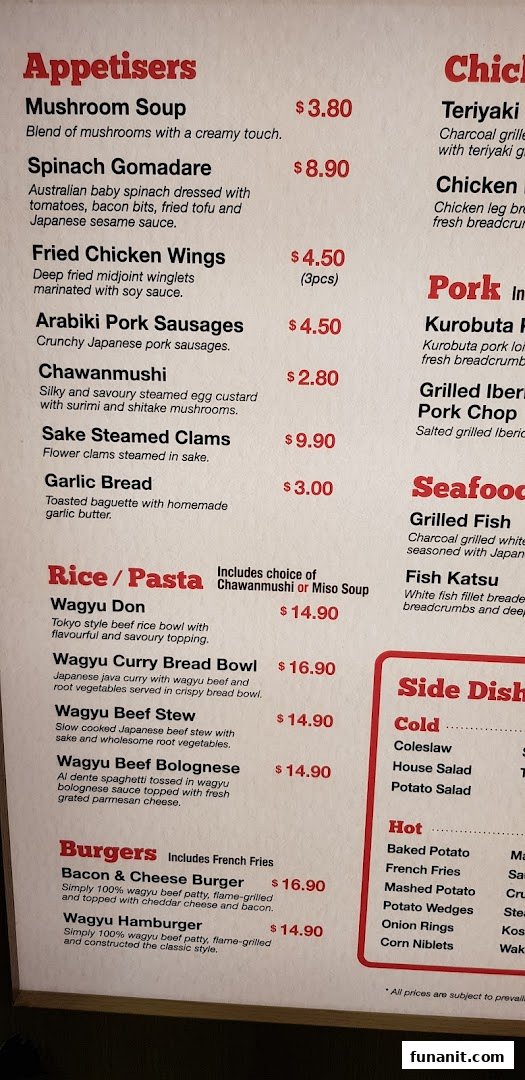 A detailed menu displaying appetizers, wagyu rice/pasta, burgers, and side dishes with prices.