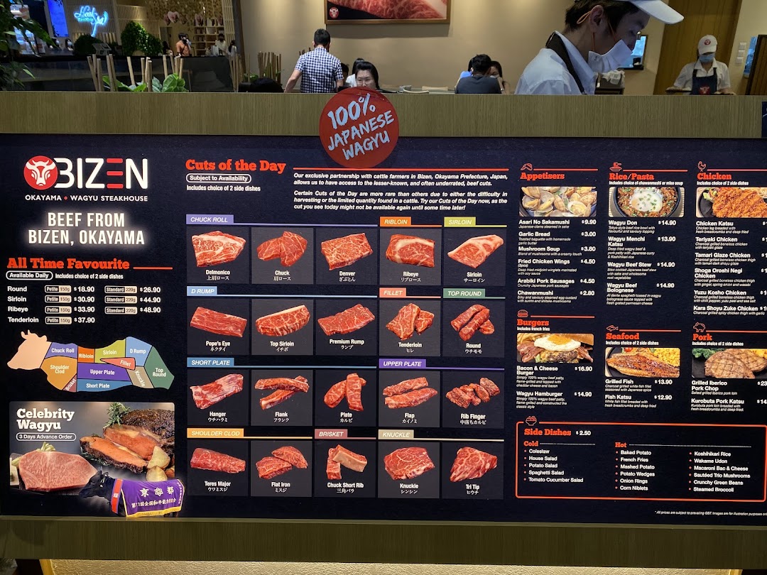 A digital menu board showcasing various wagyu beef cuts, Japanese dishes, and prices at Bizen Okayama Wagyu Steakhouse.