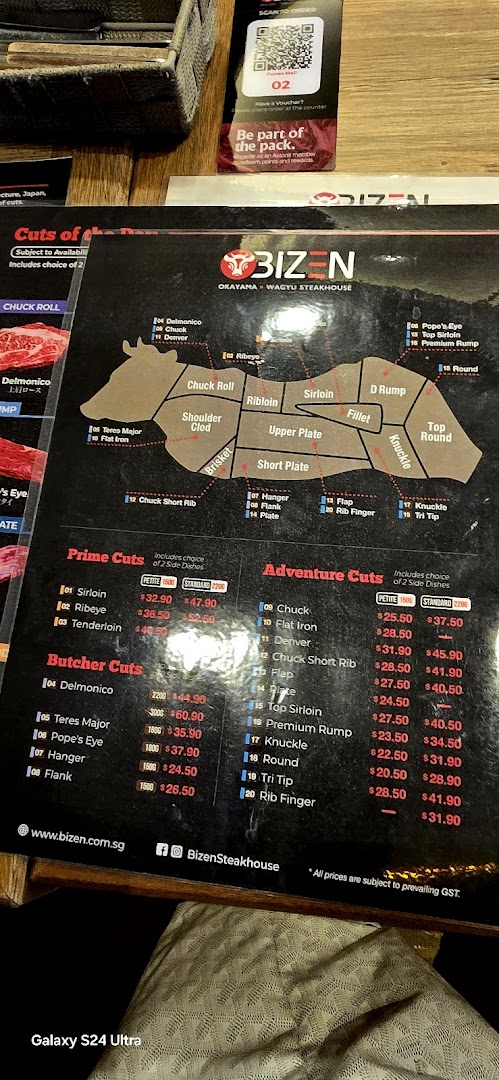 A detailed menu from Bizen Okayama Wagyu Steakhouse showcasing various beef cuts and their prices.