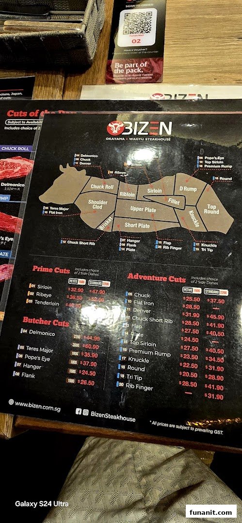 A detailed menu from Bizen Okayama Wagyu Steakhouse showcasing various beef cuts and their prices.