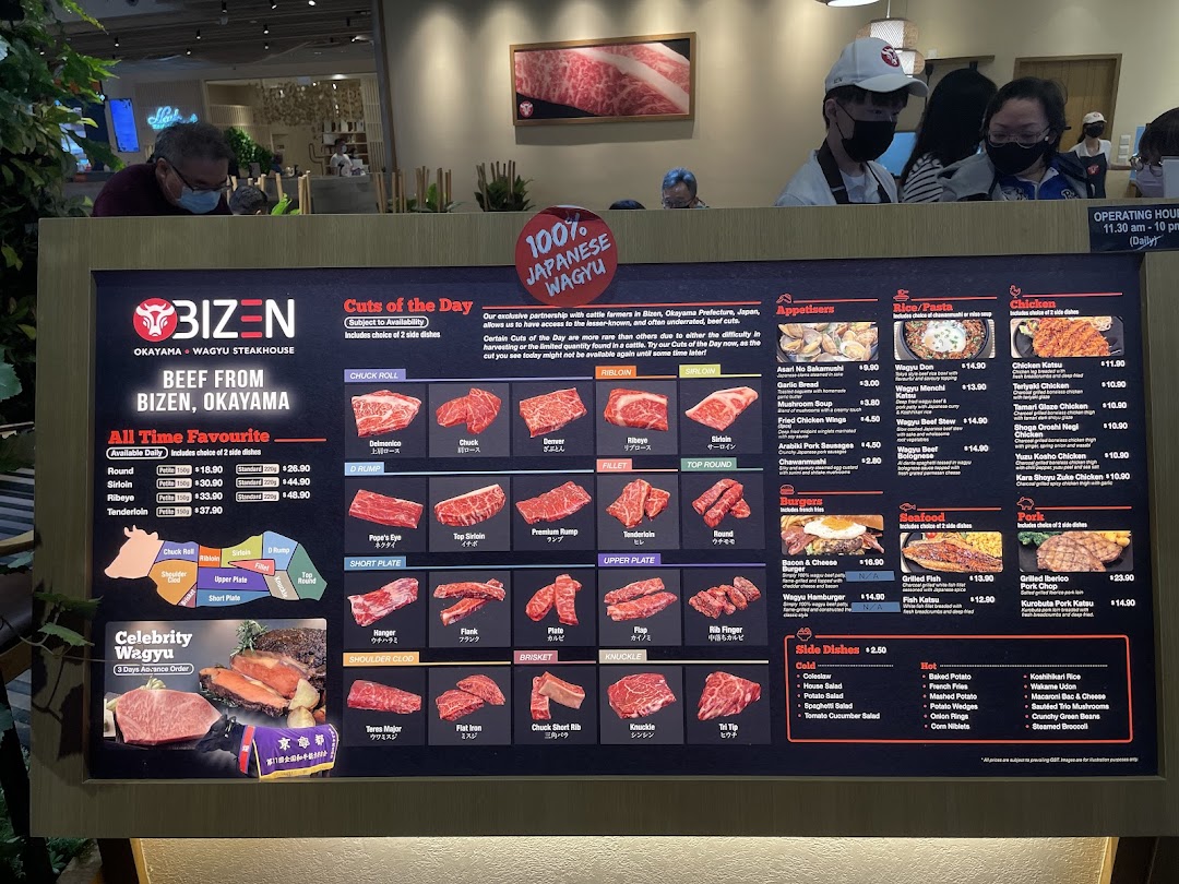 A comprehensive menu board for Bizen Okayama Wagyu Steakhouse, showcasing various wagyu cuts and dishes.