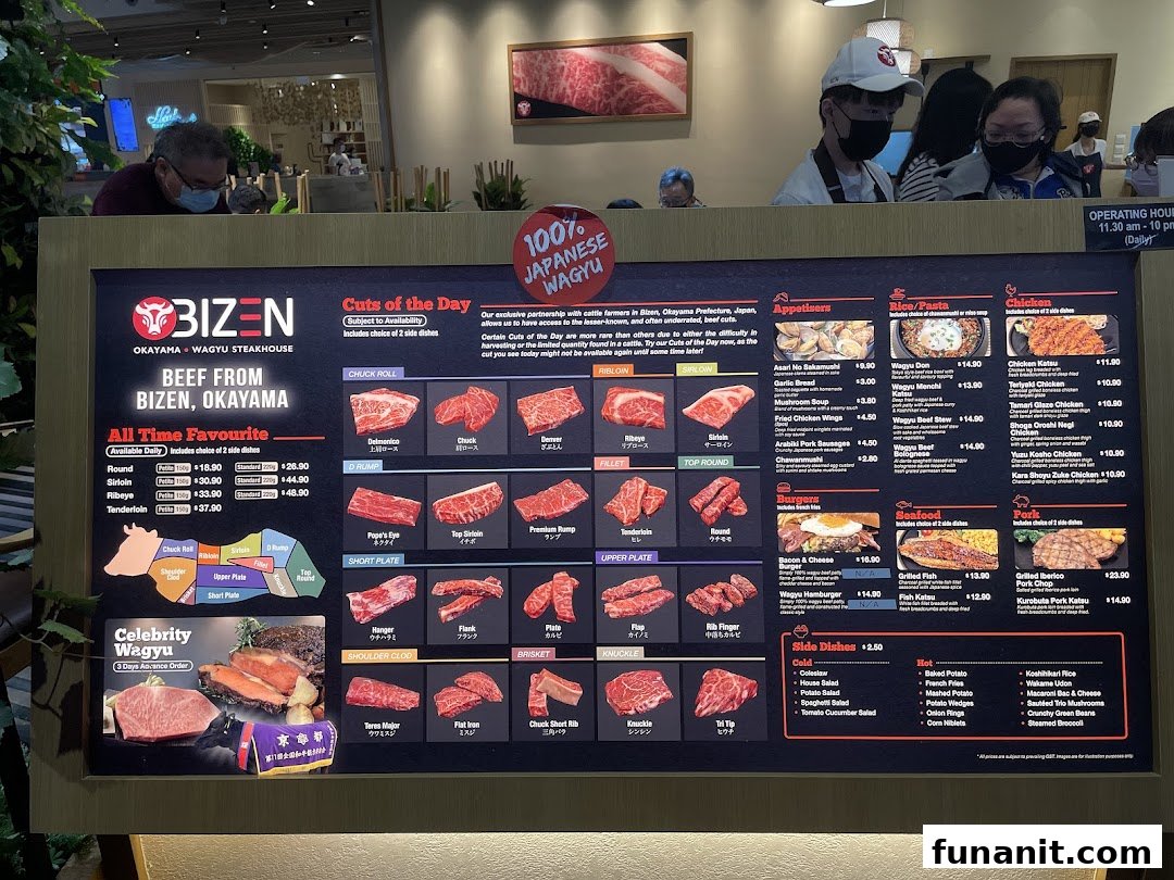 A comprehensive menu board for Bizen Okayama Wagyu Steakhouse, showcasing various wagyu cuts and dishes.