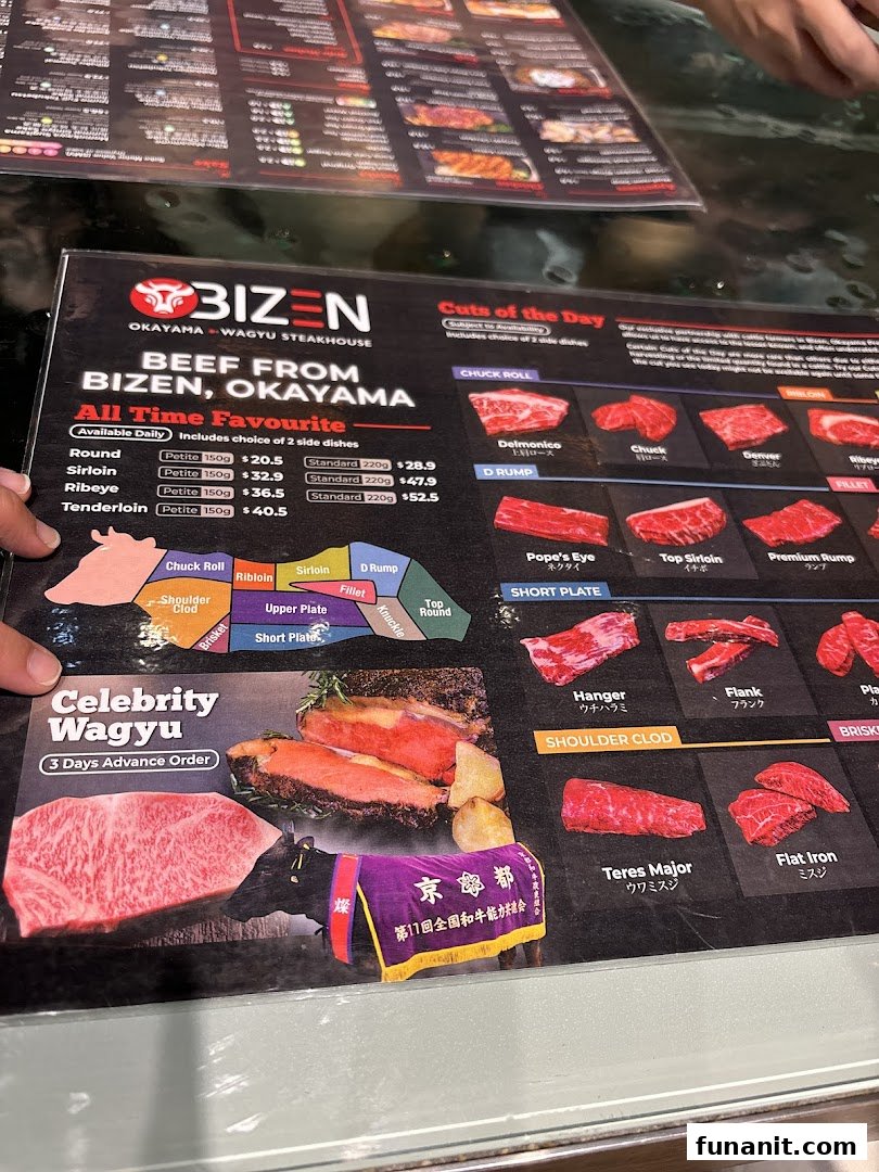 A detailed menu from Bizen Okayama Wagyu Steakhouse, showcasing various premium beef cuts and prices.