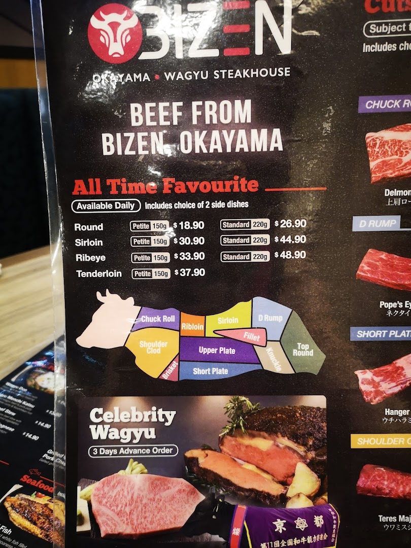 A detailed menu from Bizen Okayama Wagyu Steakhouse, showcasing various beef cuts and prices.