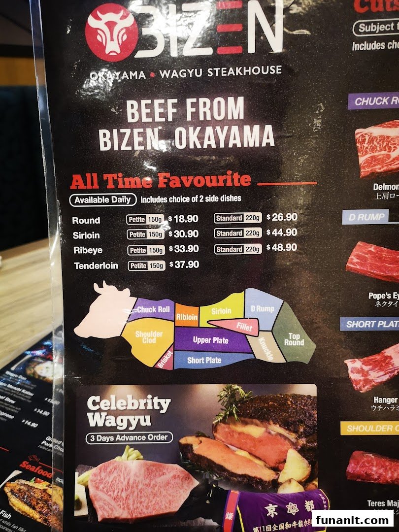 A detailed menu from Bizen Okayama Wagyu Steakhouse, showcasing various beef cuts and prices.