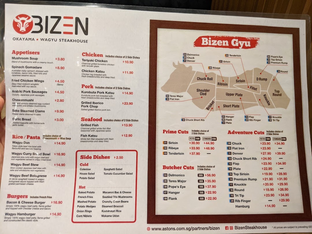 A detailed menu from Bizen Okayama Wagyu Steakhouse, showcasing appetizers, mains, and wagyu cuts.