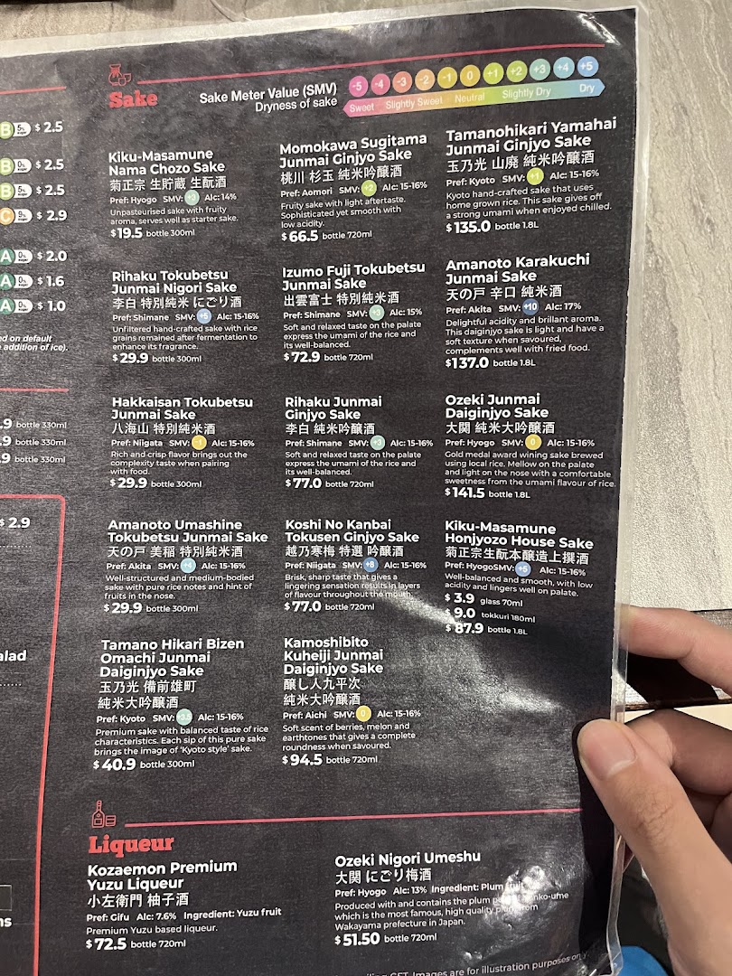 A detailed view of Bizen Okayama Wagyu Steakhouse's comprehensive sake and liqueur menu.