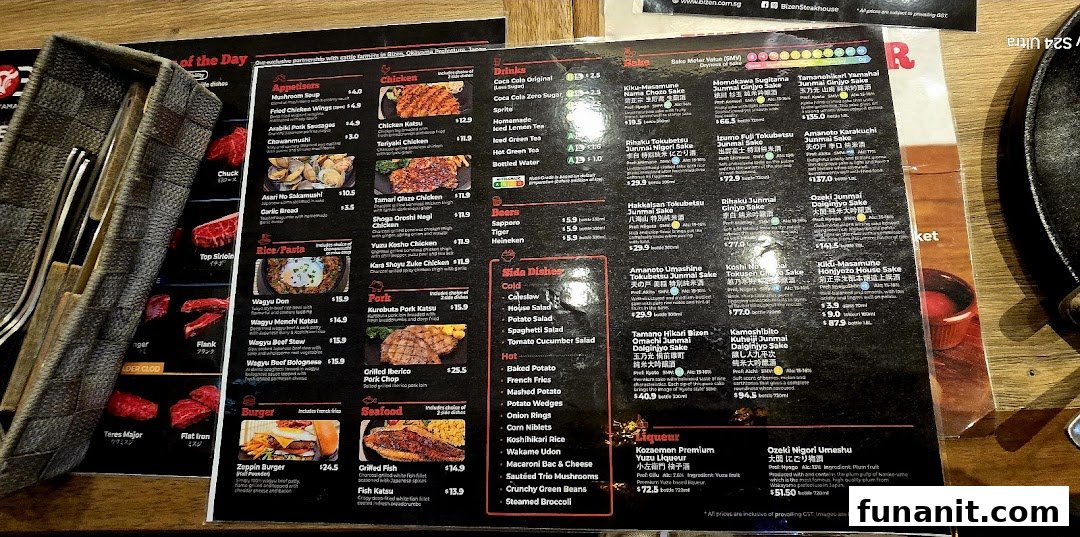 A detailed menu displaying a variety of Japanese steakhouse dishes, drinks, and sake options.