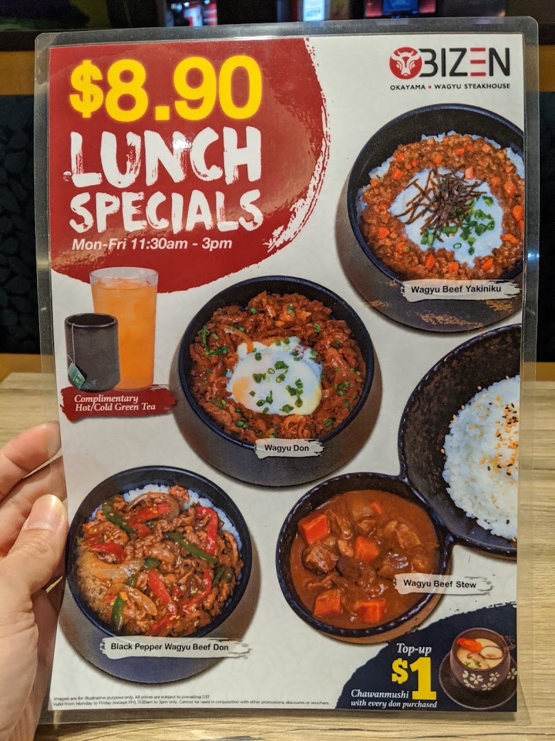A menu displaying Bizen Okayama Wagyu Steakhouse's $8.90 lunch specials, including various wagyu donburi options.