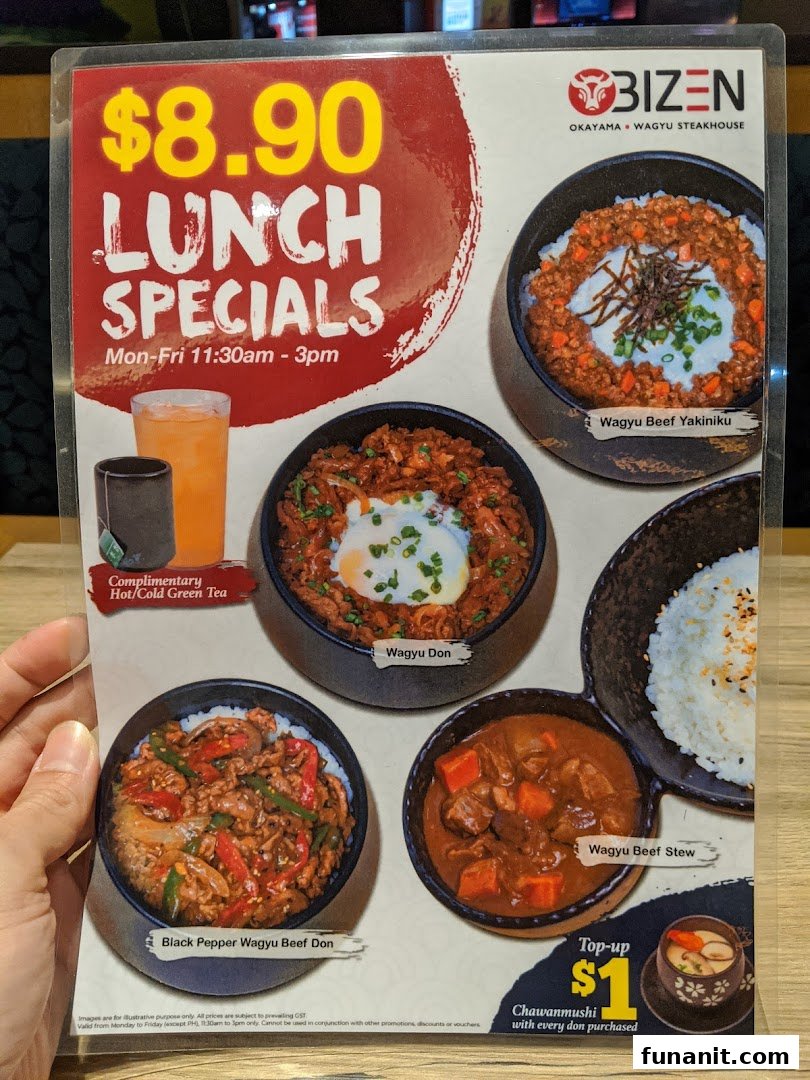 A menu displaying Bizen Okayama Wagyu Steakhouse's $8.90 lunch specials, including various wagyu donburi options.