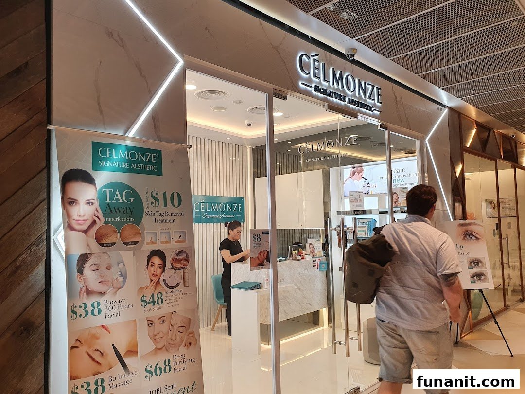 The inviting entrance of Celmonze Signature Aesthetic, featuring a promotional banner with beauty services and prices.