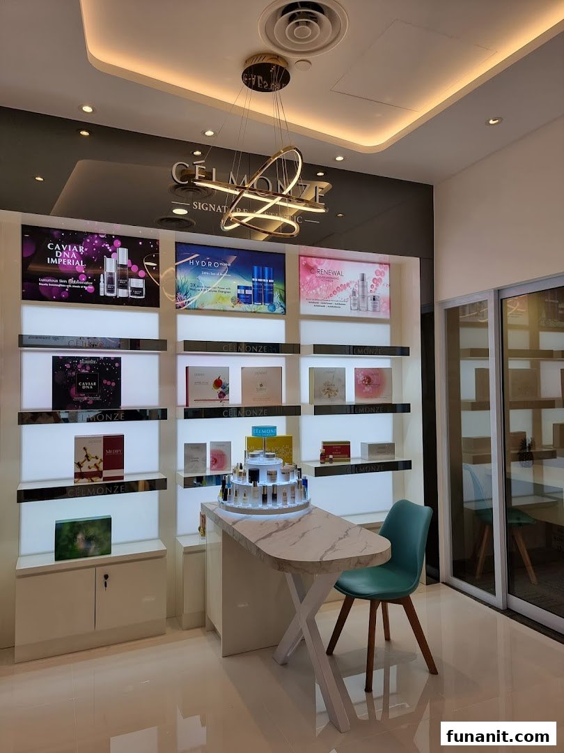A modern, well-lit interior of Celmonze Signature, showcasing skincare products and a consultation area.