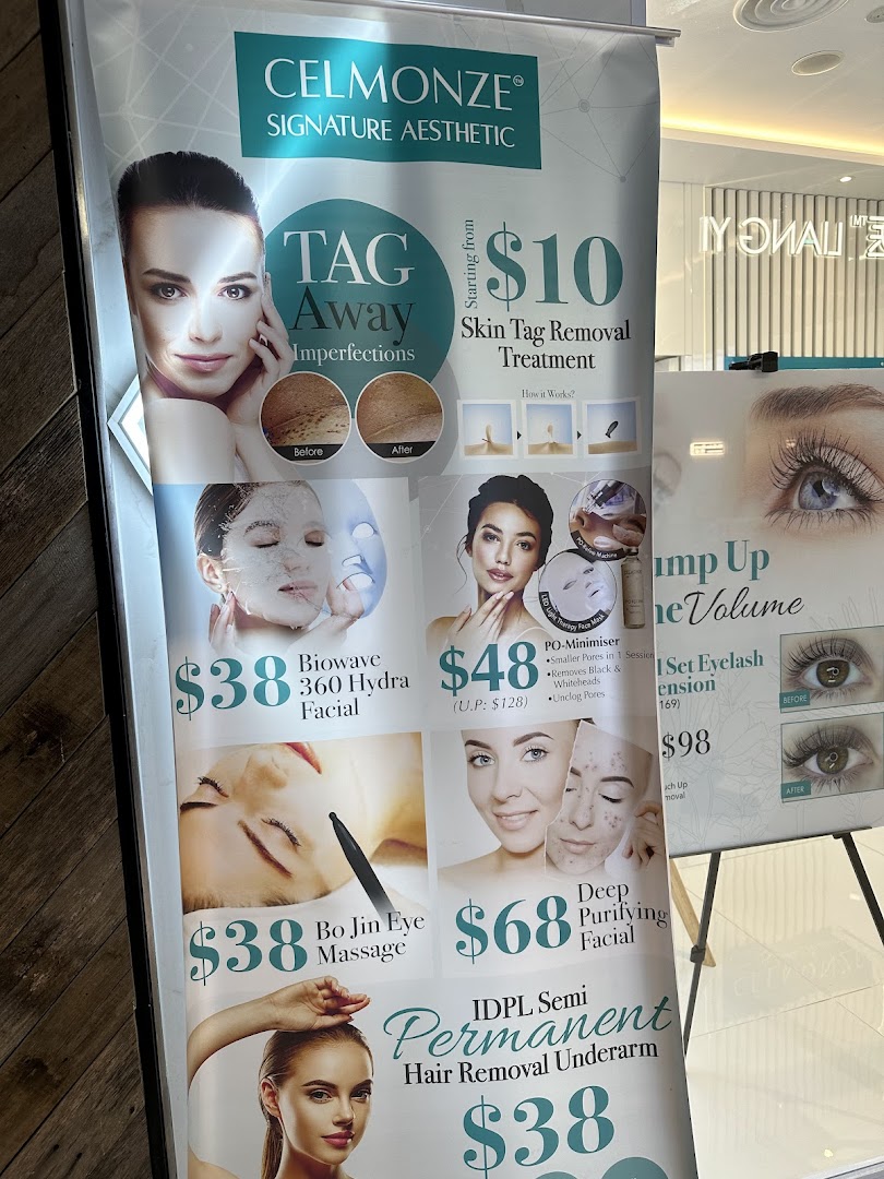 A promotional banner displaying various aesthetic treatments and their prices at Celmonze Signature Aesthetic.