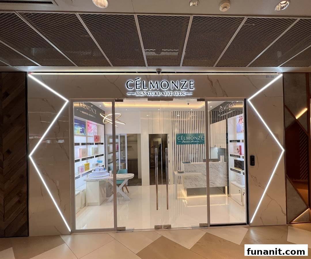 The brightly lit entrance of Celmonze Signature Aesthetic with its prominent signage and glass facade.