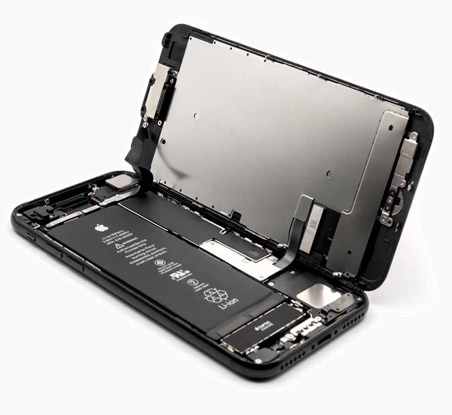 An opened smartphone revealing its internal battery and components.