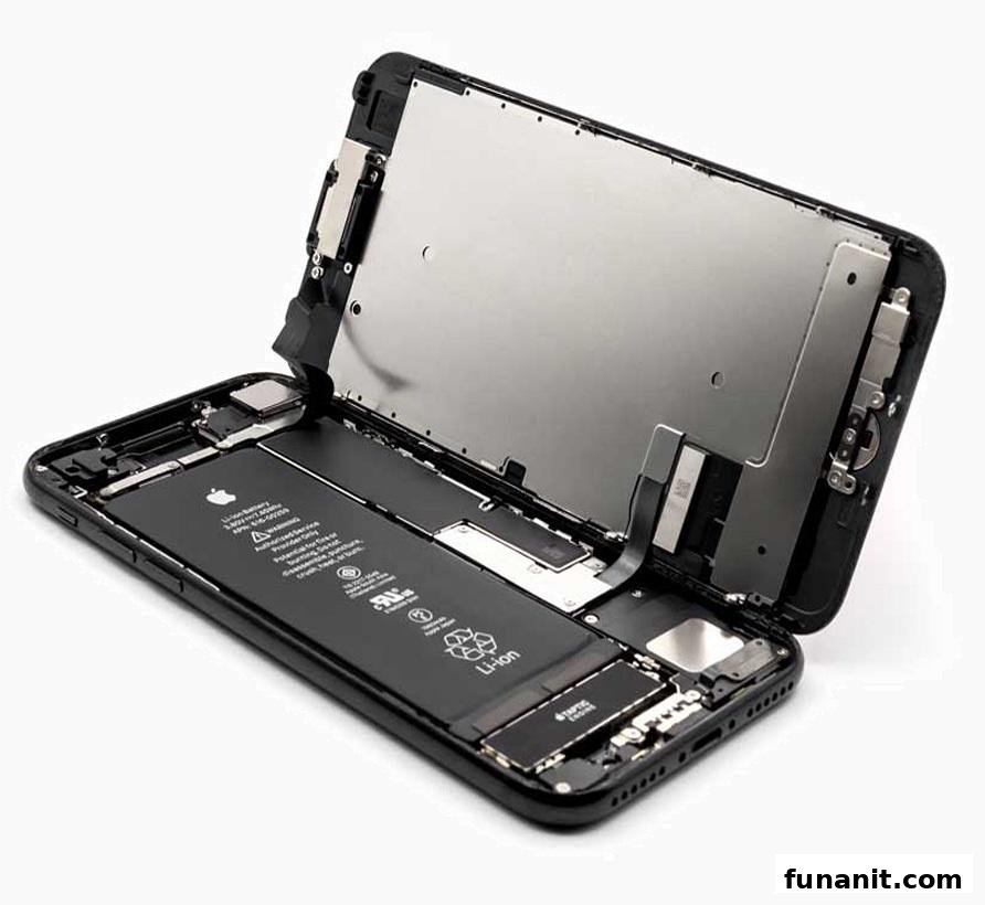 An opened smartphone revealing its internal battery and components.
