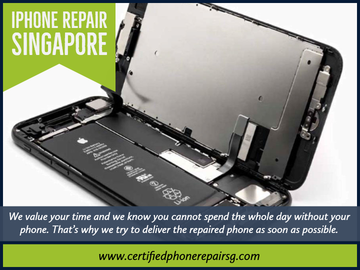 Close-up of an iPhone disassembled for repair, featuring promotional text for phone repair services.