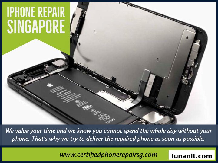 Close-up of an iPhone disassembled for repair, featuring promotional text for phone repair services.