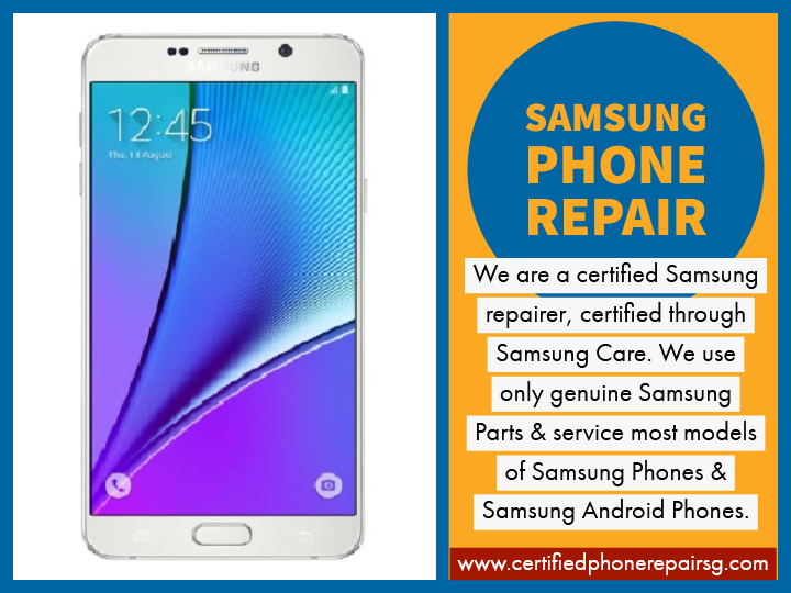 Image displays a Samsung smartphone next to an advertisement for certified Samsung phone repair services.