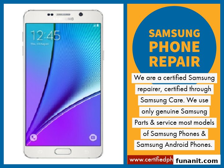Image displays a Samsung smartphone next to an advertisement for certified Samsung phone repair services.