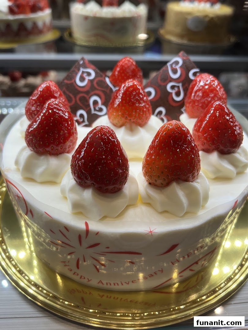 A delightful strawberry cake with whipped cream and chocolate decorations, perfect for celebrations.