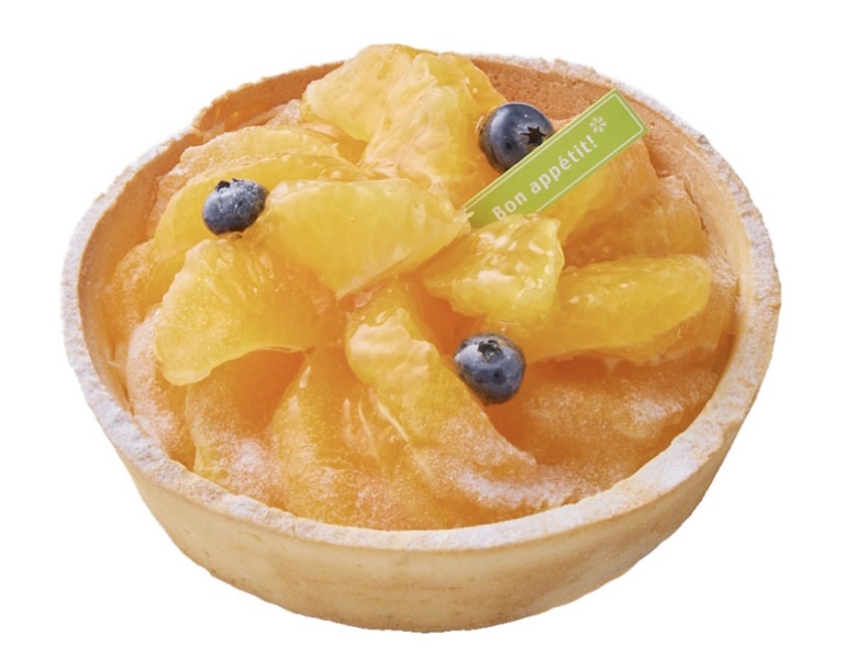 A vibrant fruit tart featuring juicy orange segments and fresh blueberries, dusted with powdered sugar.