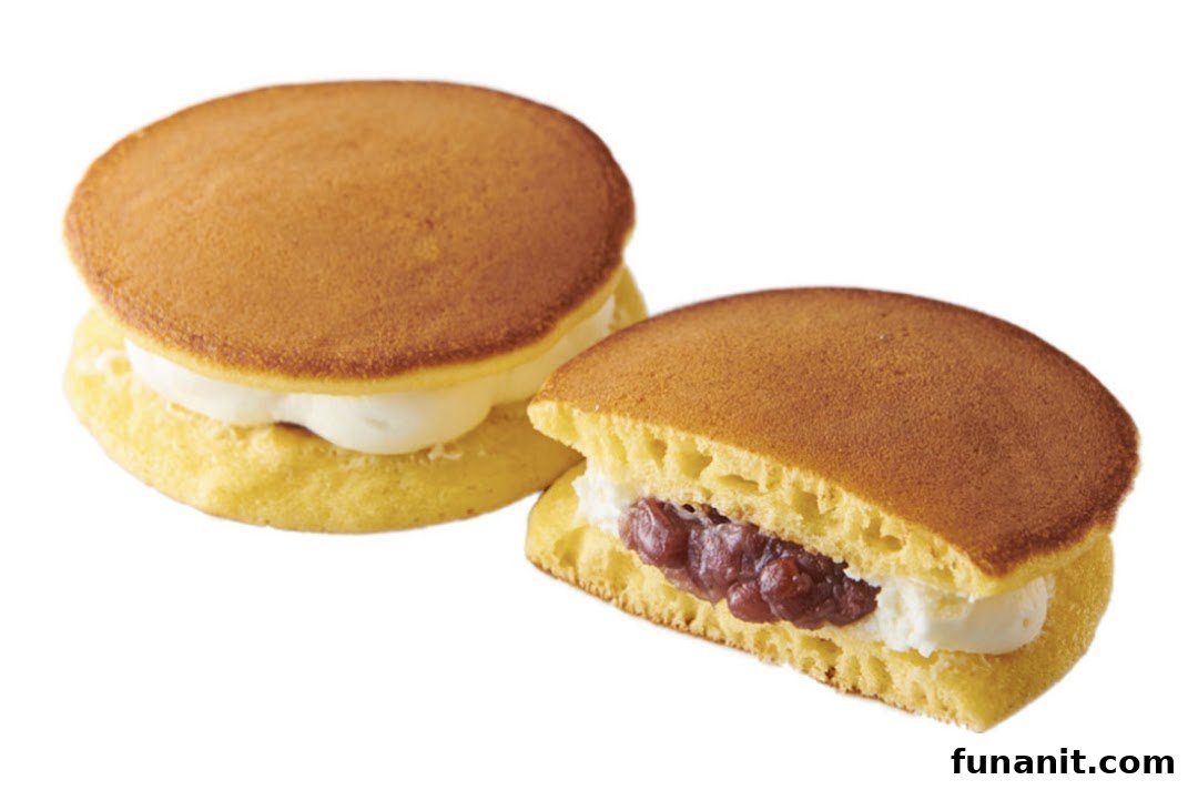 Two Japanese dorayaki pancakes, one whole with cream, one cut revealing red bean paste and cream.