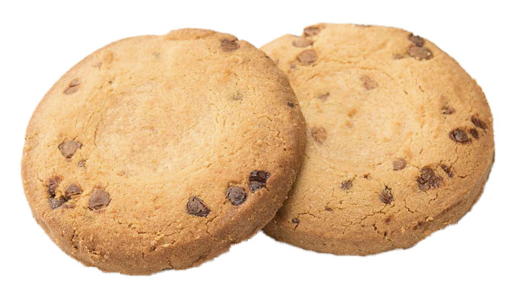 Two golden-brown chocolate chip cookies with visible chocolate morsels on a white background.