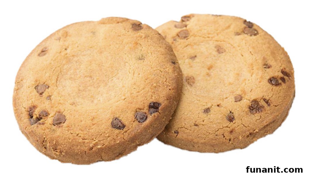 Two golden-brown chocolate chip cookies with visible chocolate morsels on a white background.