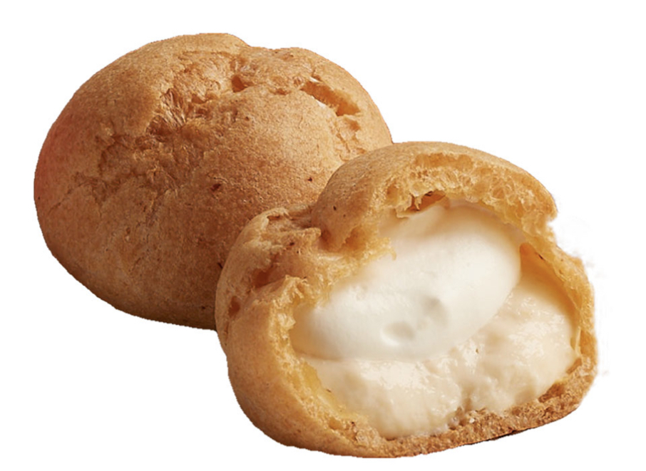 Two golden cream puffs, one whole and one cut open revealing creamy white filling.