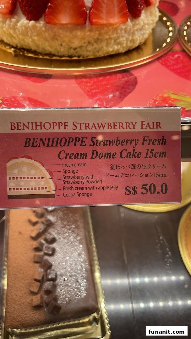 A display of a strawberry cream dome cake with a detailed product information sign.