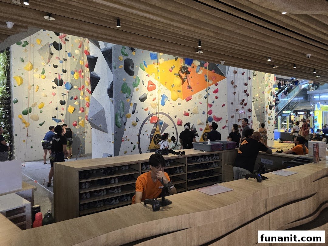 An interior view of Climb Central Funan, showcasing vibrant climbing walls, climbers, and the reception area.