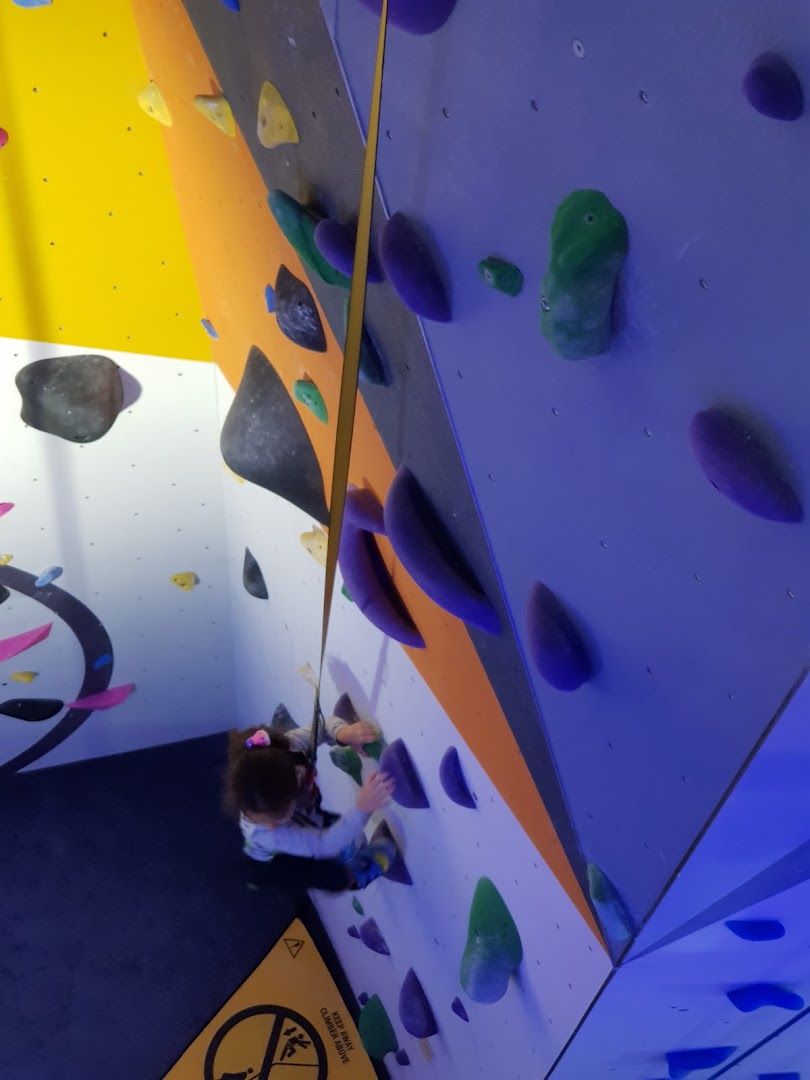 A person is seen actively climbing a vibrant indoor rock wall with various colorful holds.
