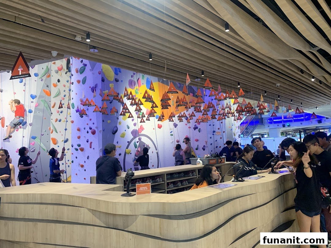 Vibrant indoor climbing gym with climbers on colorful walls and a busy reception area.