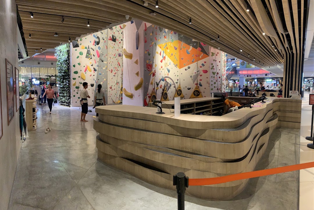 Interior view of Climb Central Funan, showcasing vibrant climbing walls and a reception area.