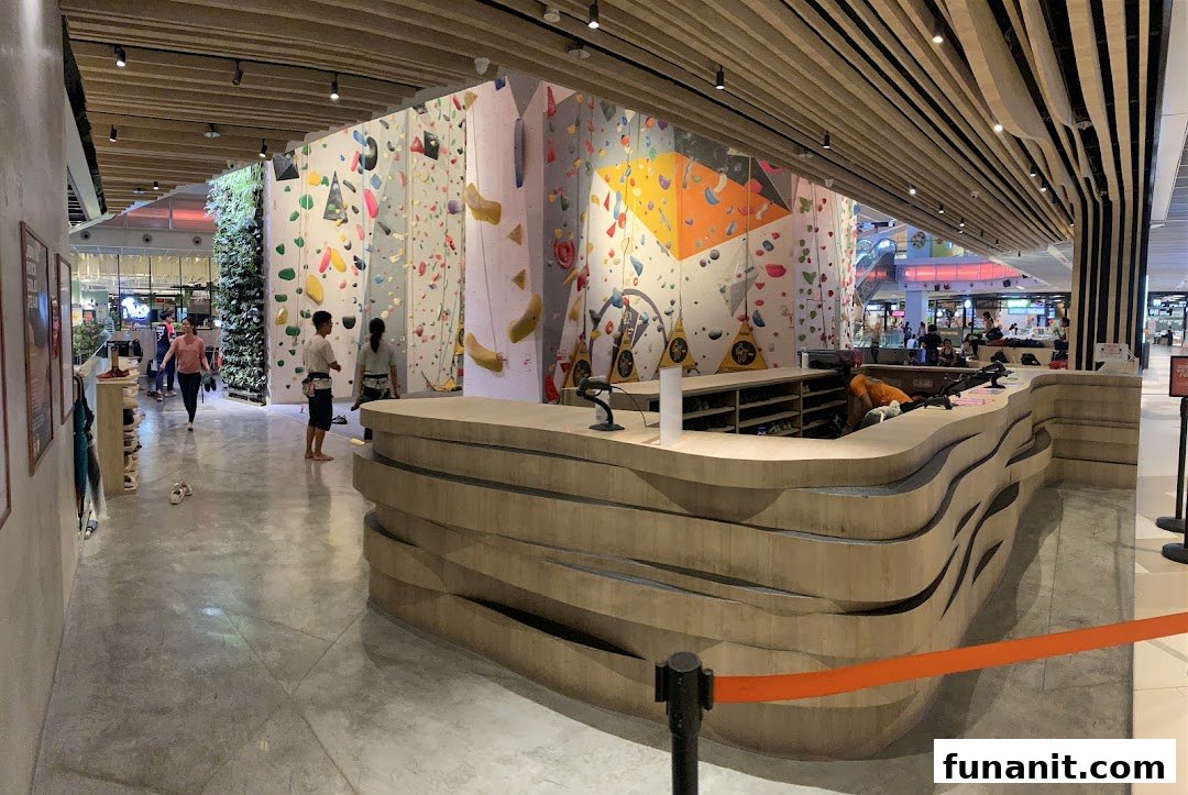 Interior view of Climb Central Funan, showcasing vibrant climbing walls and a reception area.