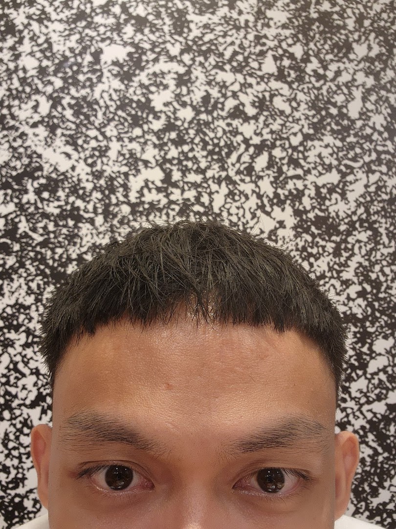 Close-up of a person's head showcasing a fresh haircut with a short fringe.