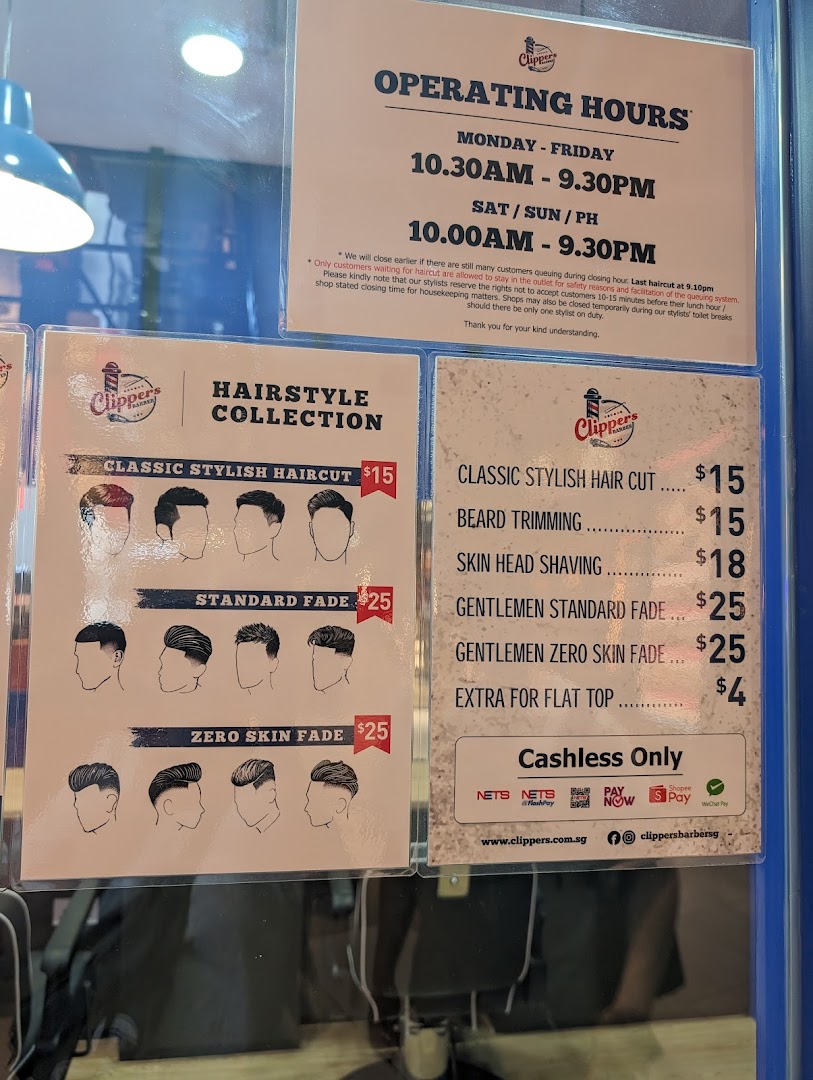 A barber shop's front window displaying services, prices, operating hours, and hairstyle examples.