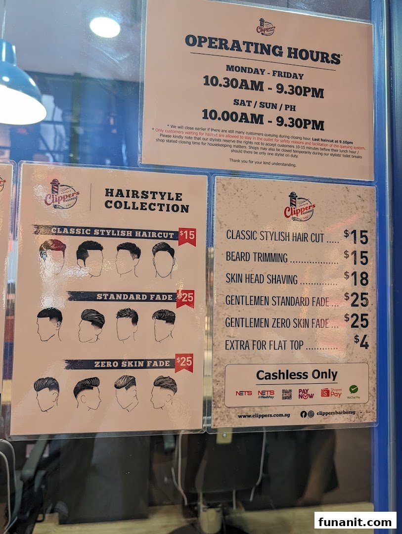A barber shop's front window displaying services, prices, operating hours, and hairstyle examples.