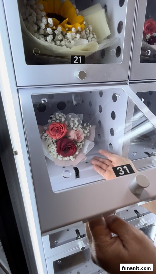 A hand retrieves a beautiful bouquet of roses from a modern flower vending machine.