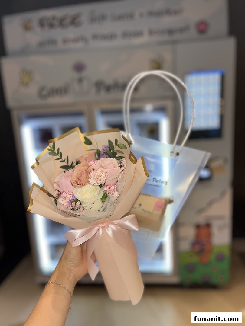A hand holds a beautiful pink and white flower bouquet in front of a Cool Petals vending machine.