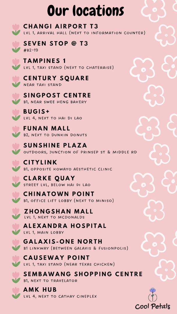 A list of 'Cool Petals' shop locations with addresses and nearby landmarks.